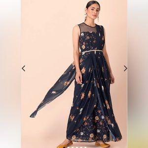 Indya Navy Floral Draped Pre-Stitched Saree with Attached Blouse